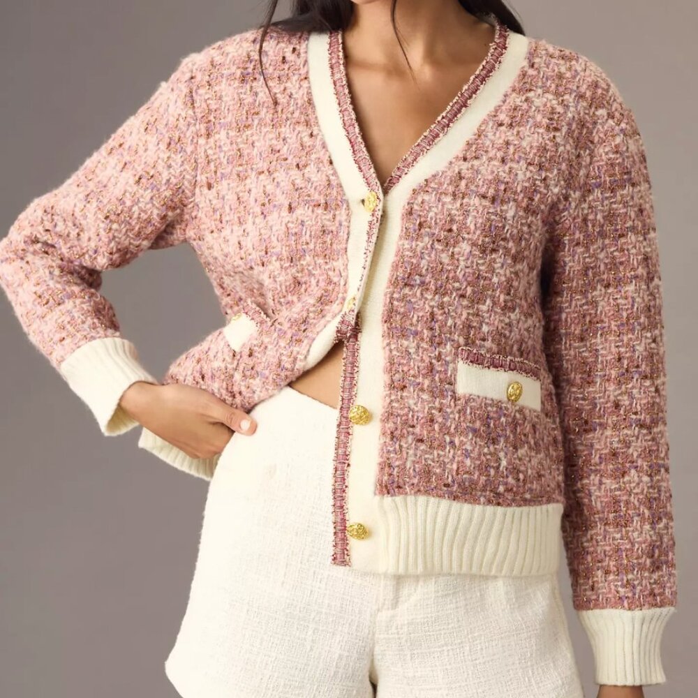 NWT  Anthropologie Maeve Tweed Lurex Coatigan in Pink/ Rose Size Small